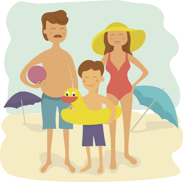 家庭暑假。海滩上的幸福家庭。图片下载