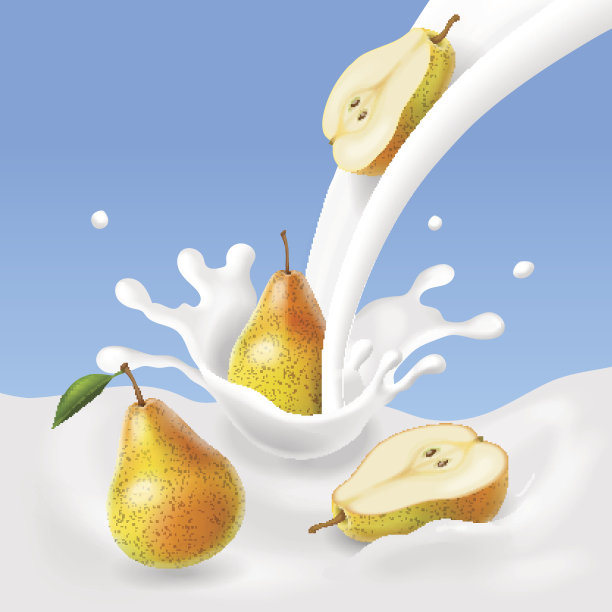 梨子掉进牛奶里溅了一地。素材图片