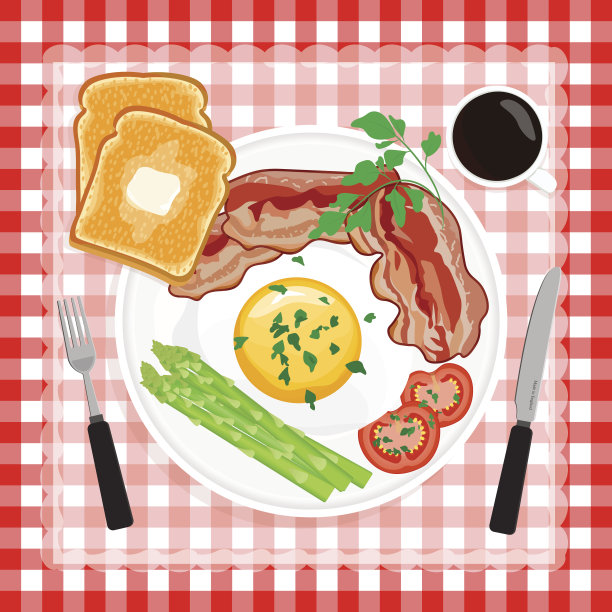 早餐。培根、鸡蛋、蔬菜和香草。图片下载