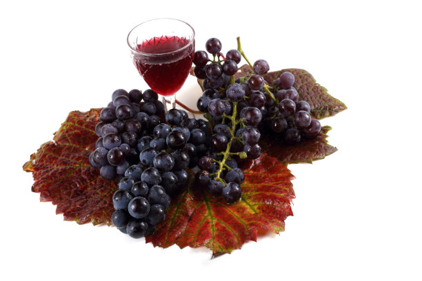 黑葡萄和酒在秋叶上图片下载
