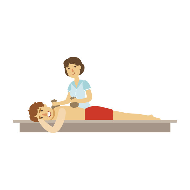 年轻人接受按摩与两个袋子的按摩。五彩缤纷的卡通人物图片下载