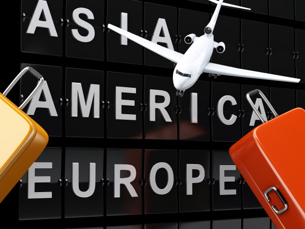 机场板，旅行箱和飞机。旅行或旅游图片下载