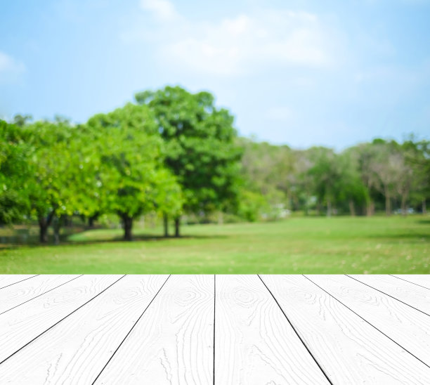 透视白木在模糊树木与散景背景，产品显示蒙太奇，春夏季节图片下载