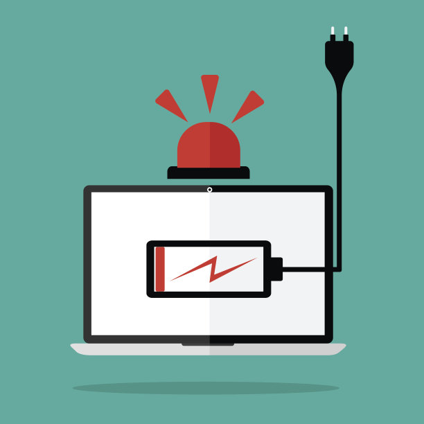 矢量平面设计低电池和警报在笔记本显示器上与插头在绿色背景。图片下载