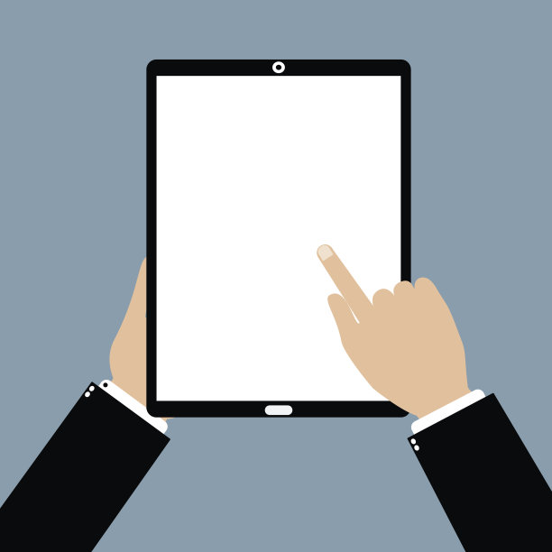 商人手握平板智能手机与点和触摸空白屏幕。矢量插画平面设计业务技术概念。图片下载