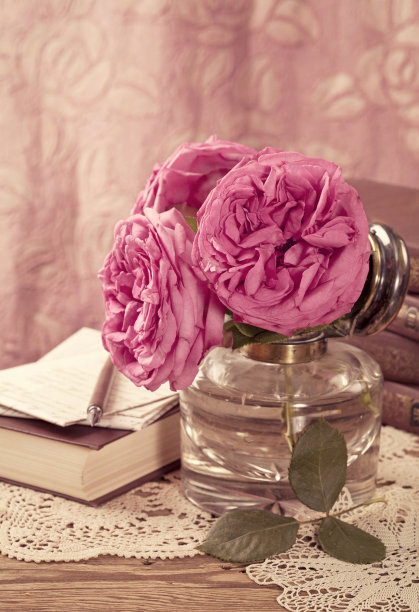 粉红色的玫瑰和旧书图片下载