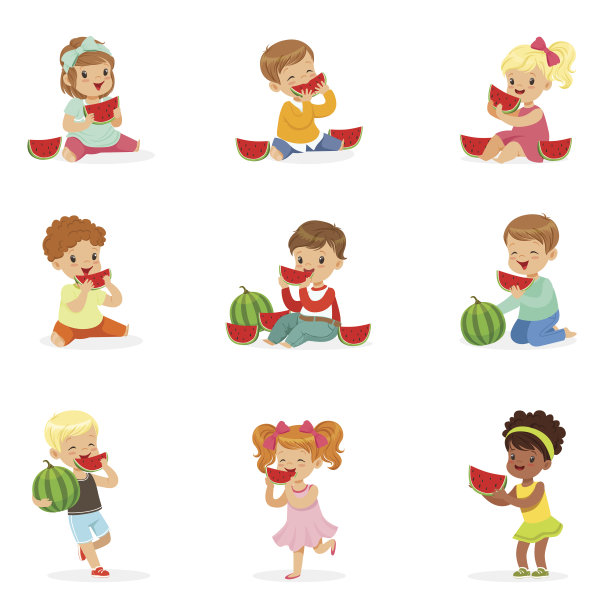 可爱的小孩在吃西瓜。健康饮食，儿童零食。卡通详细彩色插图图片下载