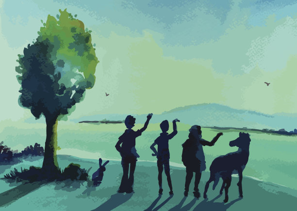 幸福的家庭站在大自然的画中图片下载