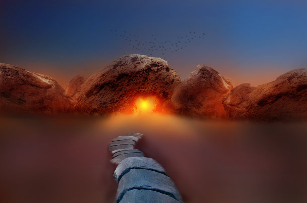 路通向大海中的岩石，日出日落图片下载