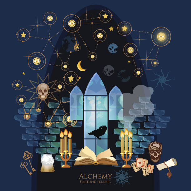 中世纪的炼金术实验室。古董钥匙，魔法物品和卷轴，炼金术的概念。打开咒语，骷髅，神秘和深奥之书。算命，水晶球，中世纪城堡巫师图片下载