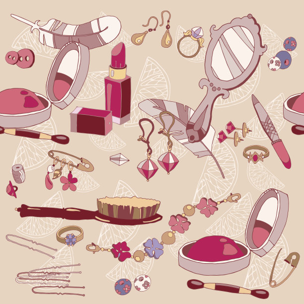 女装时尚配饰无缝图案、化妆品、珠宝矢量图案图片下载
