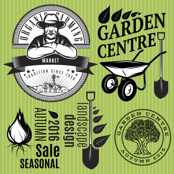 一套徽章与农民为园艺或有机农业图片下载