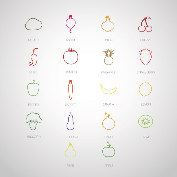 一套水果和蔬菜的平面图标图片下载