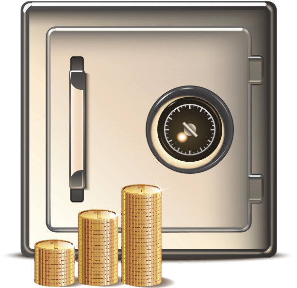 带有金币图标的金属保险箱图片下载