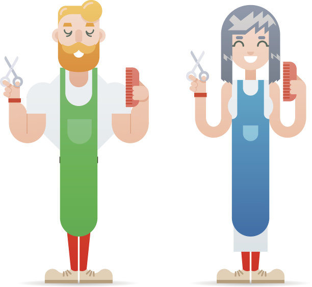 理发师潮人极客角色男性和女性大师发型图标孤立平面设计概念模板矢量插图素材图片