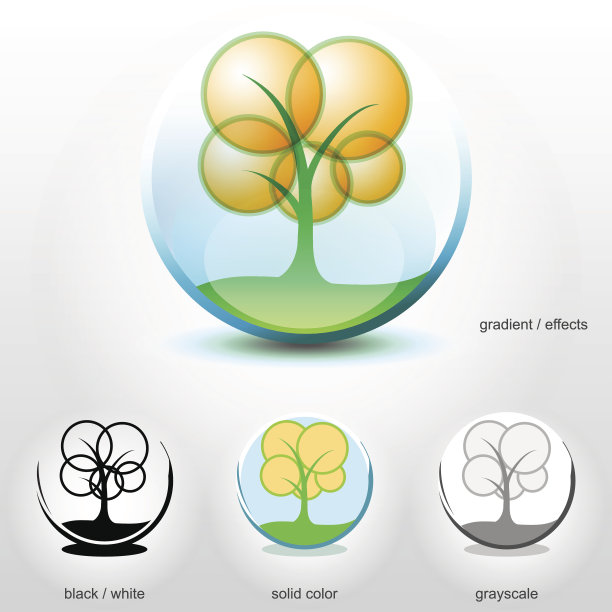 程式化的树在地面内的球。图片下载