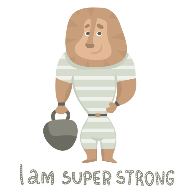 可爱的狮子大力士持有一个重量卡通手绘矢量插图。卡通狮子人物孤立。可用于婴儿时尚印花设计、童装、海报、贺卡、请帖等。图片下载