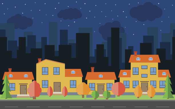 矢量夜城市与卡通房屋和建筑。图片下载