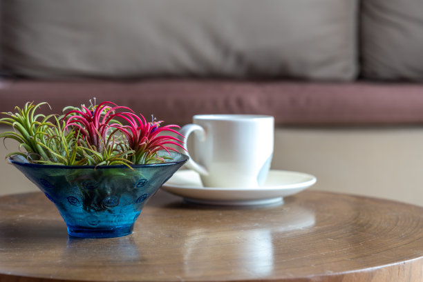 花瓶和咖啡杯放在沙发背景的木桌上/生活风格和家居装饰概念图片下载