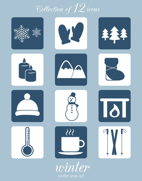 冬季图标设置孤立的蓝色背景。图片下载
