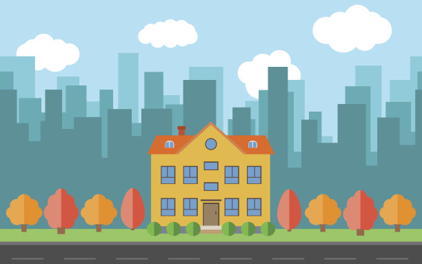 带有卡通房屋和建筑的矢量城市。图片下载