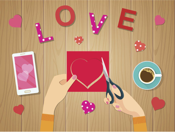 女人的手被纸剪成心形。平面向量插图图片下载