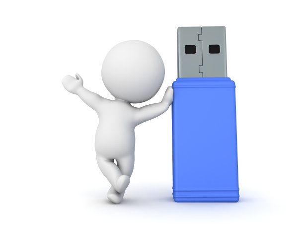 3D角色靠在大u盘驱动器上图片下载