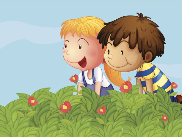 一个男孩和一个女孩在花园里图片下载