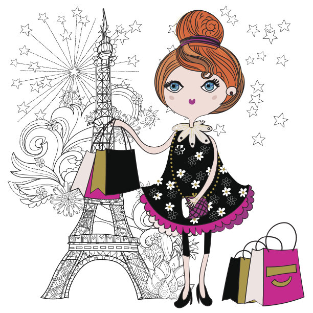 向量可爱的时尚女孩与购物袋。图片下载