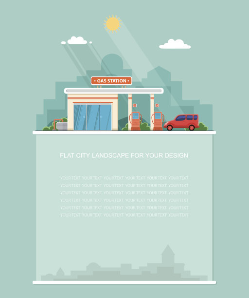 宽阔的文本复制空间。加油站。油，加油与商店。以城市为背景的一辆停站的红色汽车。平坦的风景。矢量设计图片下载