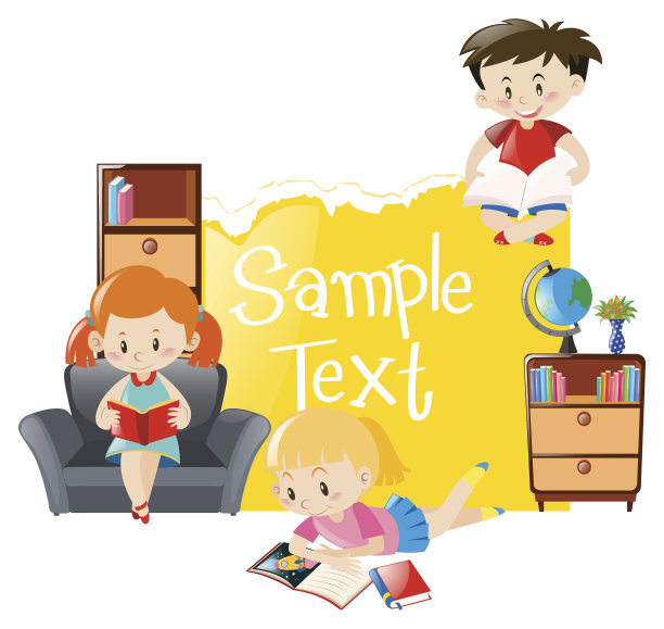 纸模板与三个孩子阅读书籍图片下载