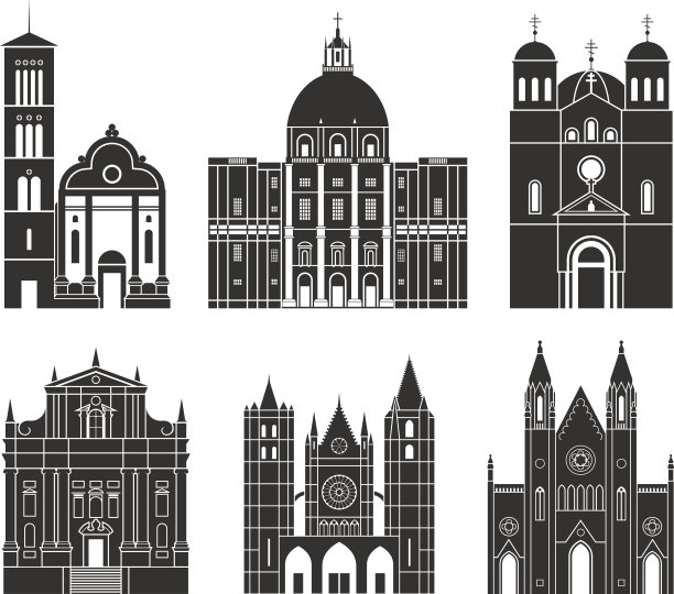 欧洲南部。体系结构。白色背景上孤立的欧洲建筑图片下载