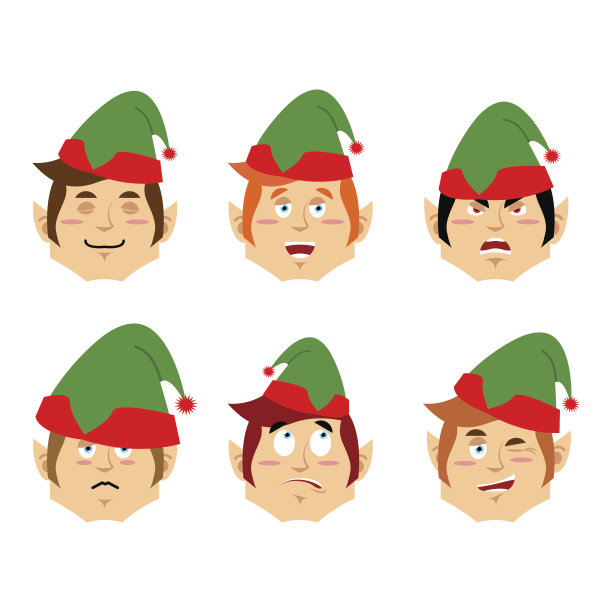 圣诞精灵emoji。情感集。圣诞老人的好帮手。穿着绿色衣服的惊讶和睡觉的小男人。圣诞节阿凡达图片下载