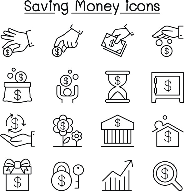 省钱和投资图标设置在细线风格图片下载