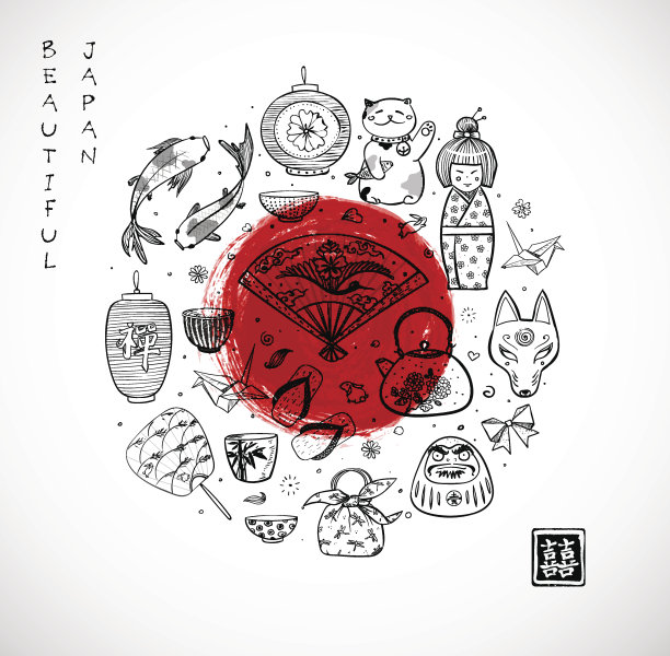 日本涂鸦素描元素和大红日在白色的背景。日本的象征。包含象形文字-双喜，禅宗图片下载