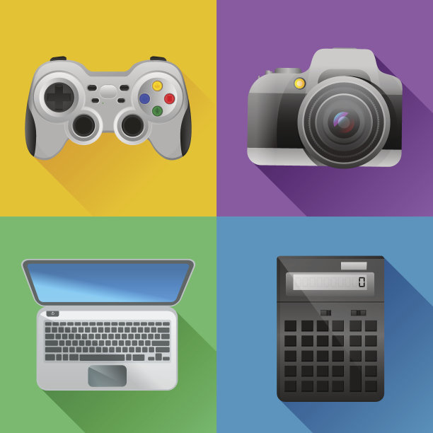 矢量彩色平面图标设置与长阴影。图片下载