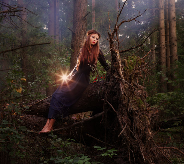 美丽的女巫坐在森林的树干上图片下载