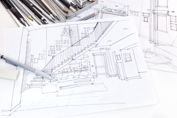 使用各种绘图工具绘制客厅室内和家具蓝图的图形草图图片下载