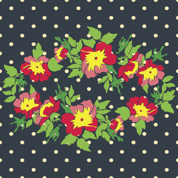 手绘花环花玫瑰热带复古印花，半色调点图案复古背景矢量插图设计，时尚，衬衫，纺织品，贺卡，邀请，婚礼图片下载