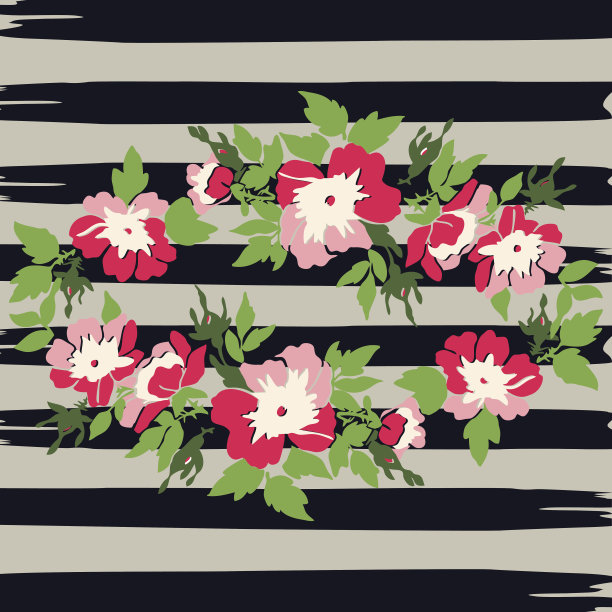 手绘花环热带花卉玫瑰条纹波浪图案，grunge复古背景矢量插图设计的时尚，衬衫，纺织品，贺卡，邀请，婚礼图片下载