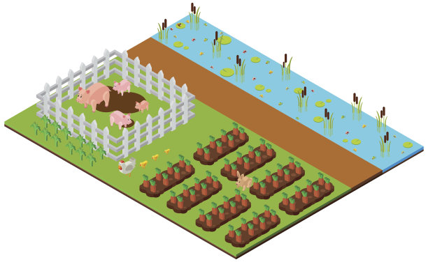 3D设计的农场场景与猪和庄稼图片下载