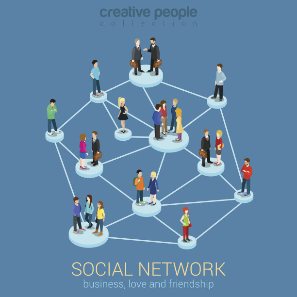 社交网络媒体全球人们交流信息共享平面三维网络等角信息图概念向量。底座连接事业爱情友谊。有创造力的人集合。图片下载