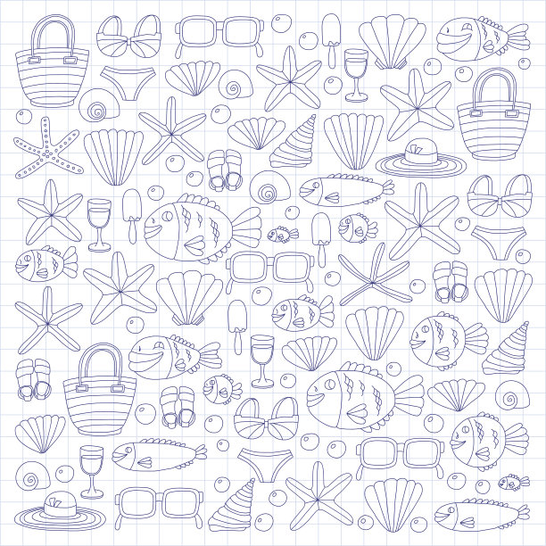 矢量涂鸦图片的海滩度假和热带海洋生活图片下载