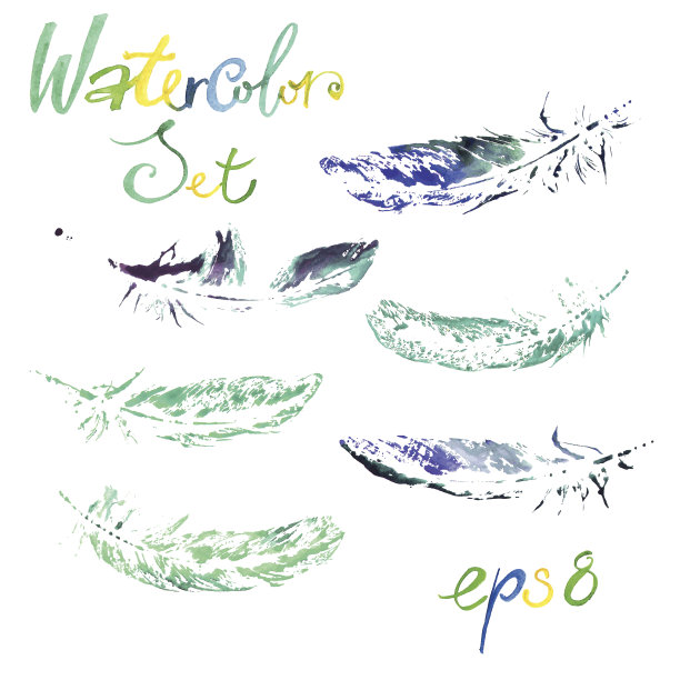 一套彩色羽毛画水彩图片下载