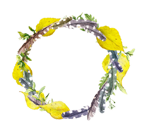 羽毛和黄色的叶子和草。复古的秋季波西米亚风格的花环边界。水彩图片下载