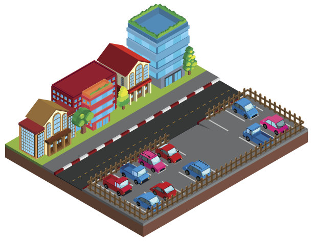城市场景与建筑和停车场的3D设计图片下载