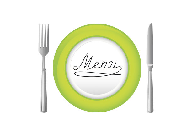 绿色的盘子和刀叉。图片下载