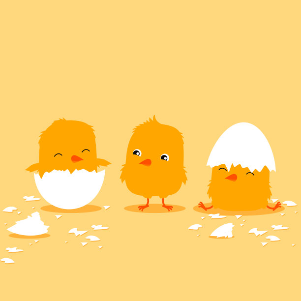 三只卡通小鸡正在孵化。可爱的儿童插图图片下载