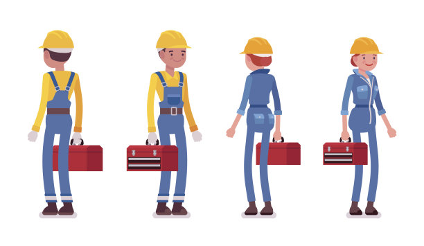 一组男性和女性工人站立，后视图和前视图图片下载