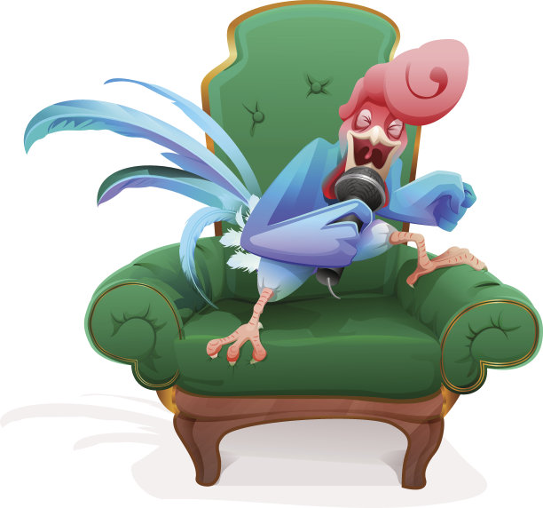 蓝色公鸡象征2017。公鸡在椅子上唱着麦克风的歌图片下载